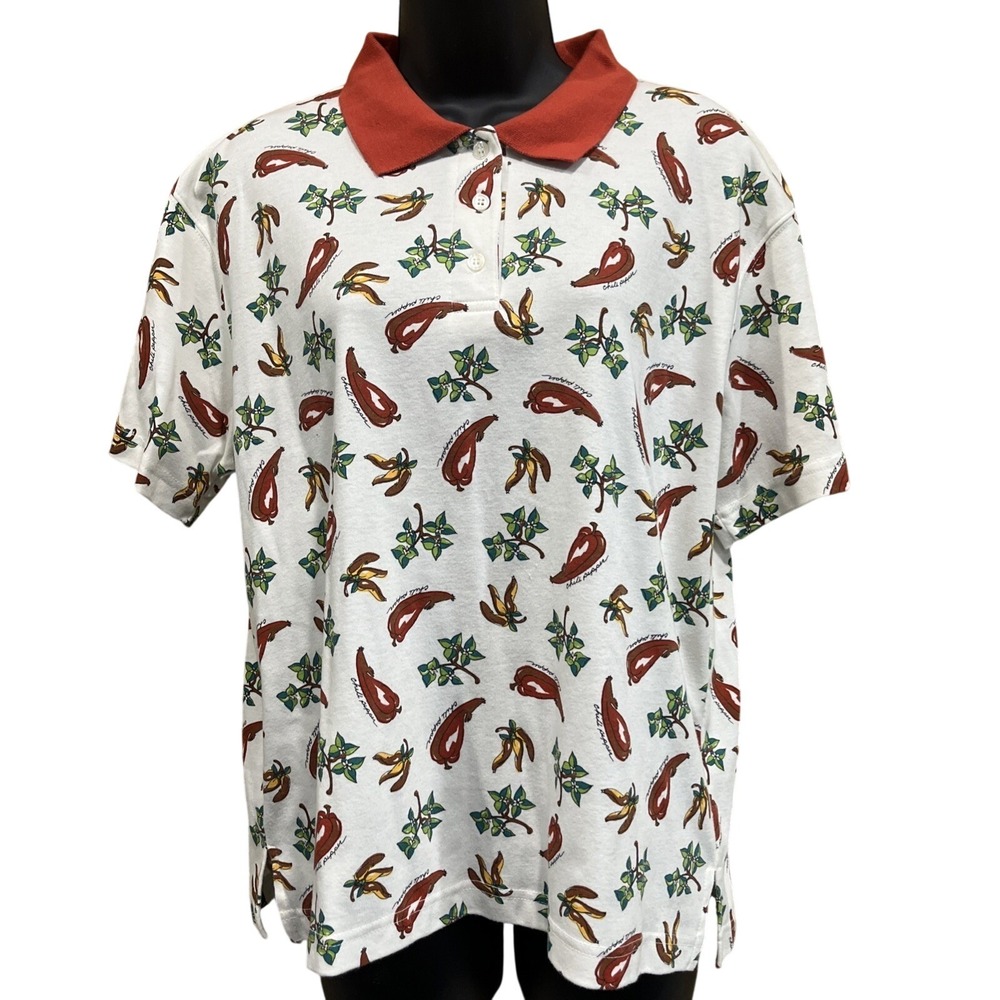 Vtg Laura Gayle Polo Shirt  Womens Sz L Chili Pepper‎ Novelty Gardening Eclectic